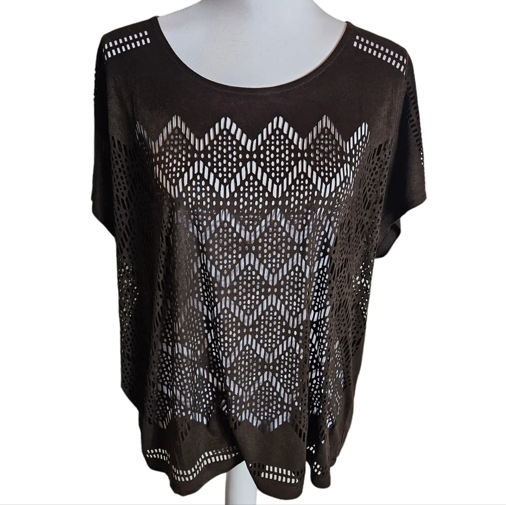 Chicos Chocolate Brown Ultra Suede Coquette Top Size 2 US 12 Large Sheer Blouse - Picture 2 of 12